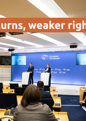 Image from the press conference announcing the agreement, with the letters "Faster returns, weaker rights" superimposed.