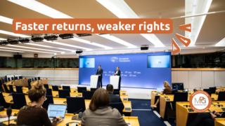 Image from the press conference announcing the agreement, with the letters "Faster returns, weaker rights" superimposed.