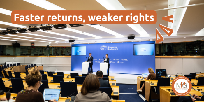 Image from the press conference announcing the agreement, with the letters "Faster returns, weaker rights" superimposed.