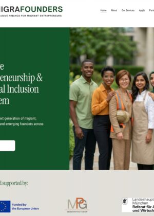 A screen grab of the MigraFounders website, reading Inclusive Entrepreneuship & Financial Inclusion Ecosystem, with a picture of BIPOc professional people and the logos of supporters, including MPG, below.