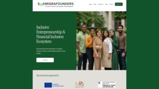 A screen grab of the MigraFounders website, reading Inclusive Entrepreneuship & Financial Inclusion Ecosystem, with a picture of BIPOc professional people and the logos of supporters, including MPG, below.