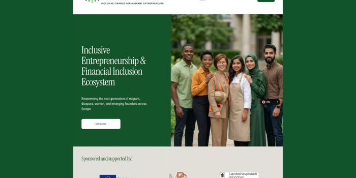 A screen grab of the MigraFounders website, reading Inclusive Entrepreneuship & Financial Inclusion Ecosystem, with a picture of BIPOc professional people and the logos of supporters, including MPG, below.