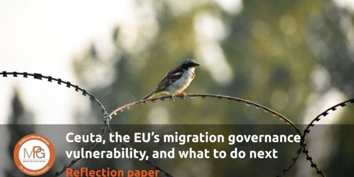 An photo of a sparrow sitting on a barbed wire with the words "Ceuta, the EU's migration governance vulnerability and what to do next" superimposed on it along with the subtitle “Reflection paper” and the logo of MPG.