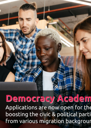 A photo of four young people of different ethnicities and genders looking together at a laptop screen and collaborating. The MPG and the New Europeans Initiative logos are superimposed, with the words "Democracy Academy 2026" also featured on the foreground.