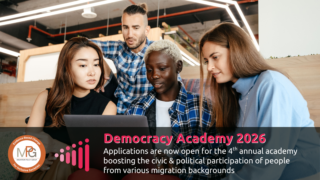 A photo of four young people of different ethnicities and genders looking together at a laptop screen and collaborating. The MPG and the New Europeans Initiative logos are superimposed, with the words "Democracy Academy 2026" also featured on the foreground.