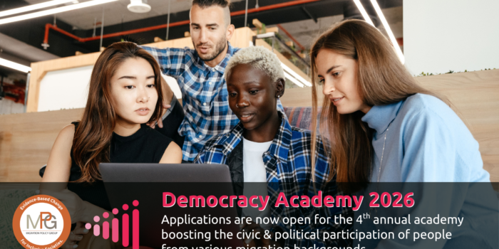 A photo of four young people of different ethnicities and genders looking together at a laptop screen and collaborating. The MPG and the New Europeans Initiative logos are superimposed, with the words "Democracy Academy 2026" also featured on the foreground.