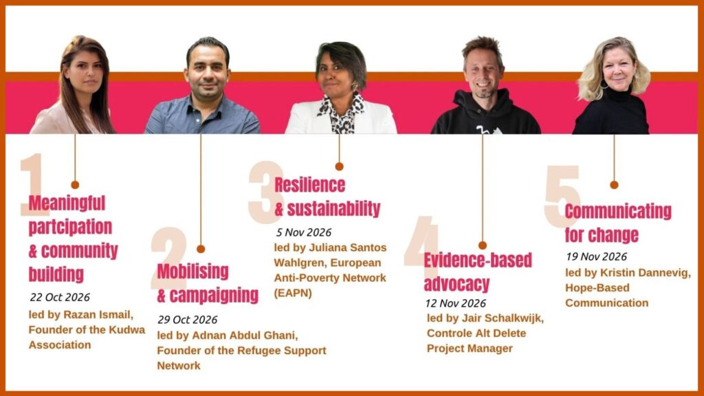 An infographic depicting photos of the five Democracy academy speakers and the respective dates and topics of the sessions they lead.