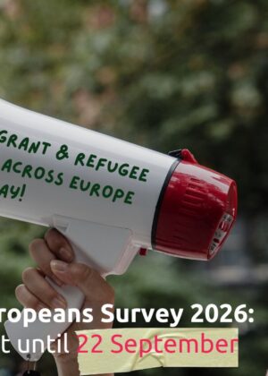 An image of an East Asian woman in profile holding a megaphone, with a lettering asking readers from migrant and refugee organisations to fill in the survey. The logo of MPG is in the left lower corner, with "New European Survey 2026: take part until 15 September" written next to it.