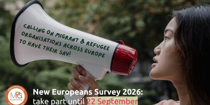 An image of an East Asian woman in profile holding a megaphone, with a lettering asking readers from migrant and refugee organisations to fill in the survey. The logo of MPG is in the left lower corner, with "New European Survey 2026: take part until 15 September" written next to it.