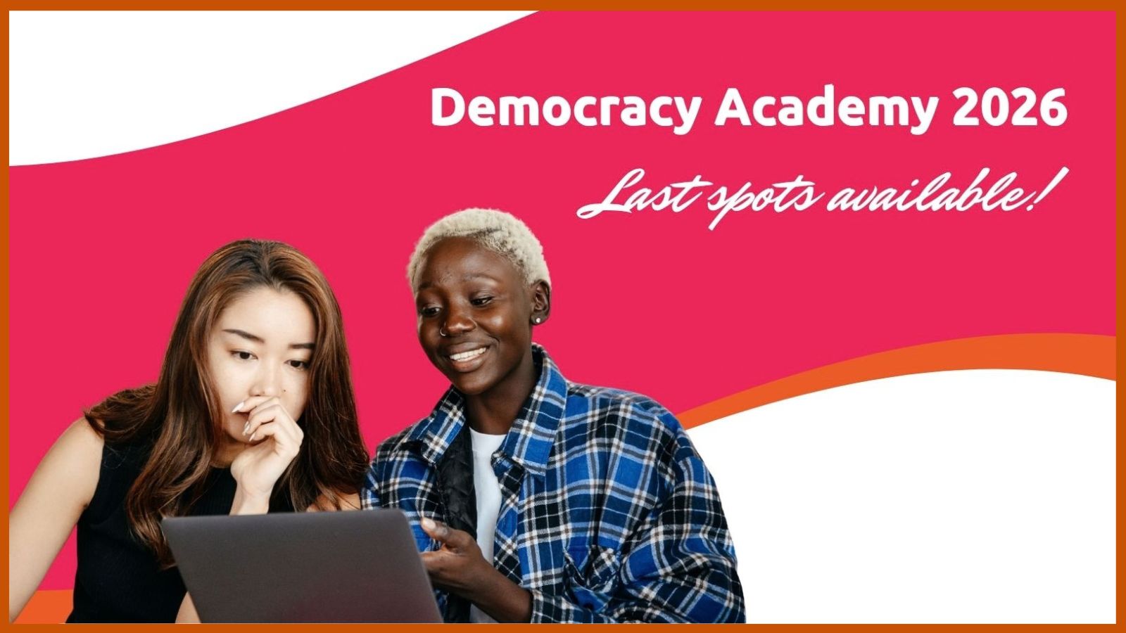 A photo of four young people of different ethnicities and genders looking together at a laptop screen and collaborating. The MPG and the New Europeans Initiative logos are superimposed, with the words "Democracy Academy 2026" also featured on the foreground.