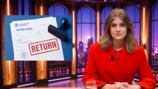 A capture from the FAiR video explainer on return policies. The video presents as a talk-show, with a woman anchor humorously presenting the issues of return policies.