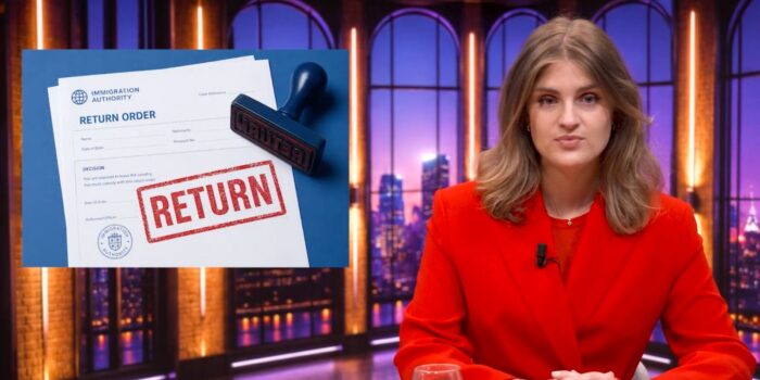 A capture from the FAiR video explainer on return policies. The video presents as a talk-show, with a woman anchor humorously presenting the issues of return policies.