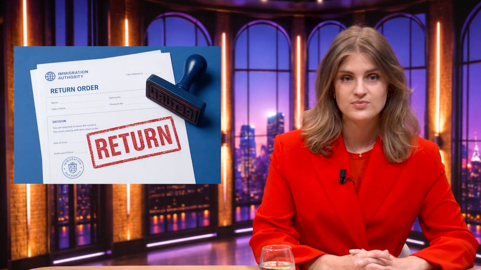 A capture from the FAiR video explainer on return policies. The video presents as a talk-show, with a woman anchor humorously presenting the issues of return policies.