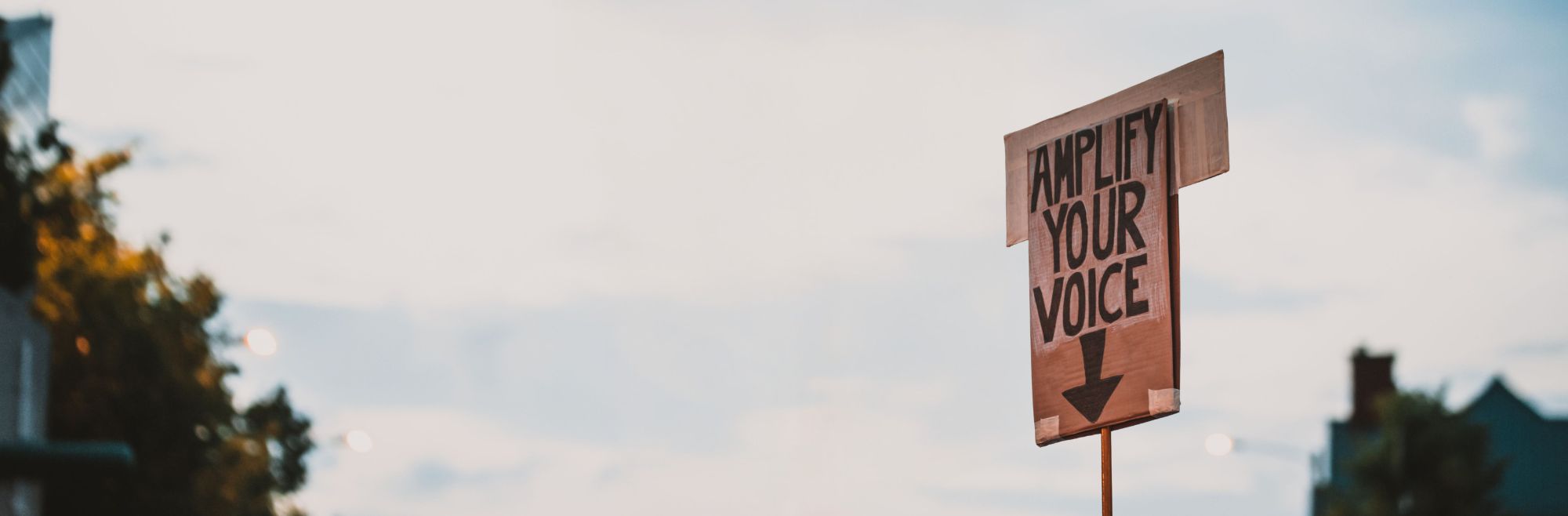 A photo of a big carton sign from a demonstration reading "Amplify your voice" in block letters, handwritten with black marker. The sign is visible against the background of a dusky sky with some trees and a house out of focus at the bottom. The MPG logo is superimposed in the top left corner.